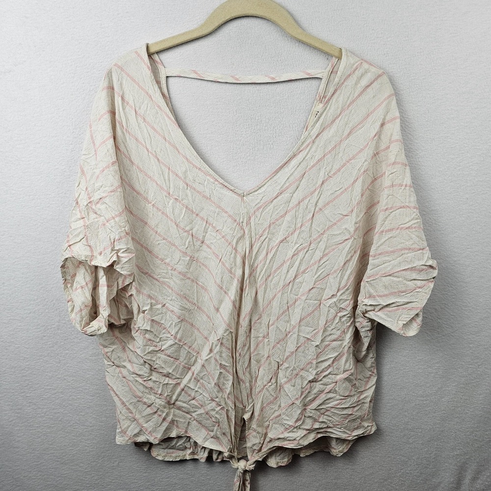 Promesa Top Woman's Size Medium Cream Pink Striped Short Sleeve Front Tie Blouse